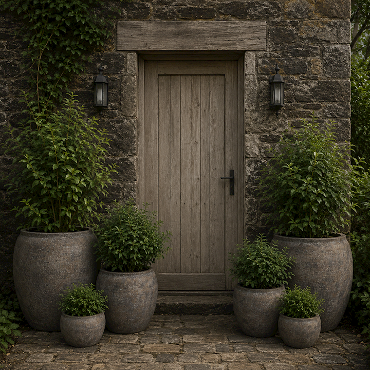 SET OF 3 TAUPE BROWN DRUM PLANTERS 74x60cm/51x42cm/34x28cm